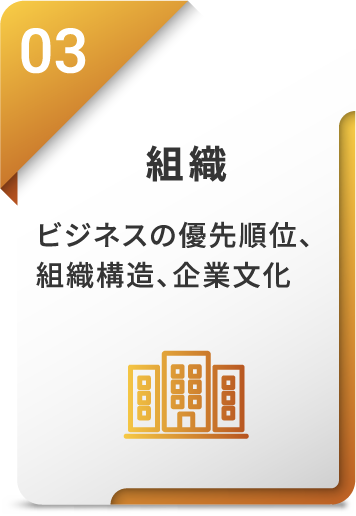 組織：ビジネスの優先順位、組織構造、企業文化